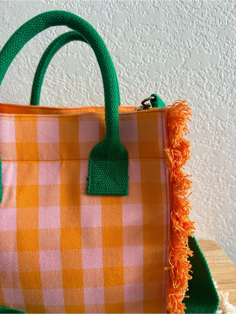 Shiraleah Ana Orange and Pink Gingham Fringe Mini Tote Crossbody Bag - Picture 4 of 6
